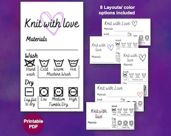 Knit with Love Printable Care Cards, Printable Knitting Care Labels, Knitting Care Tag, Knit with Love label, PDF, Instant download