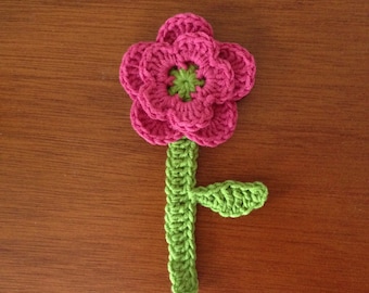 Crochet Flower Pattern / Tutorial: Two Layer Flower with Stem and Leaf, Flower Appliqué, Crochet Flower Bookmark - Instant Download