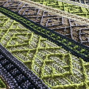 Puede incluir: Primer plano de una manta de ganchillo con un patrón geométrico en tonos de verde, azul y marrón.