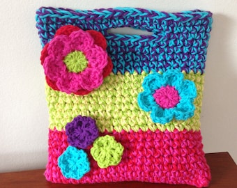 Flower Crochet Bag Pattern / Tutorial: Colorful Girl's Purse with Flower Appliqués - Instant Download