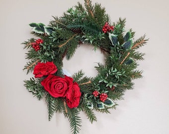 Two Small Christmas Red Wreaths Winter Rose Valentines Decor Evergreen Holiday Greenery Xmas Gift Candle Decoration Cabinet Window greenery