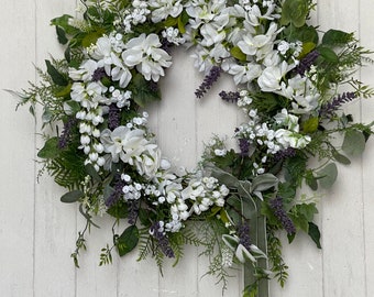 Elegant All Season White Spring Wreath for Front Door White Wisteria Summer Wall Decor Mothers Day Wreath Wedding Bridal Shower Decoration