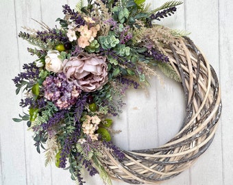 Lavender Wreath Modern Eucalyptus Floral Wall Decor Minimalist Year Round Wreath on Willow Base for Indoor Spring Summer Flower Decor Gift