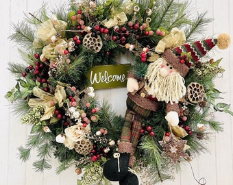 XL Christmas Wreath for front door Whimsical Holiday Decor Vintage Christmas Welcome Wreath with Elf Rustic Winter Entryway