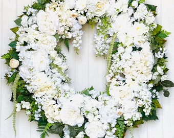 XL Elegant White Wreath for Door Wedding Wall Decor Ivory Flower Mantel Wreath  White and Green Year Round Statement Wreath Summer Wall Art