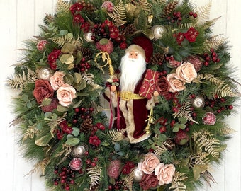 40” Vintage Santa Christmas Wreath Burgundy Victorian Christmas Mantel Wreath Old World Christmas Santa Decor  Luxe  Saint Nicholas Wreath