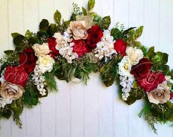 Elegant Burgundy Valentines Swag, Bedroom flower swag, winter mantel decor, All Season Entryway swag, Red Rose Window Arrangement