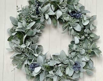 Lamb’s Ear Wreath for Door, Neutral Year Round Wreath, Window Wreath, Country Cottage Wreath, Wall Hanging Greenery Wreath, gifts