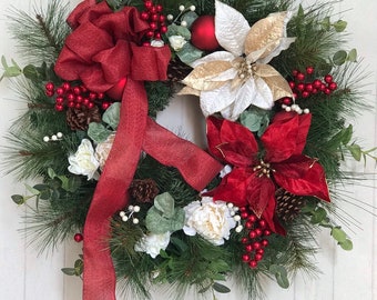 Red and White Christmas Wreath for front Door, Christmas Wreath, Poinsettia Christmas Wreath for Door