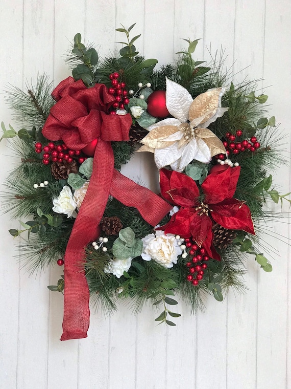 Christmas Wreath Red And Gold Front Door Wreath Poinsettia Etsy