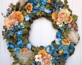 Blue and Yellow Spring Easter Wreath Year Round Wreath for Door Summer Yellow Rose Wreath for Wall Table Decor Birthday Gift