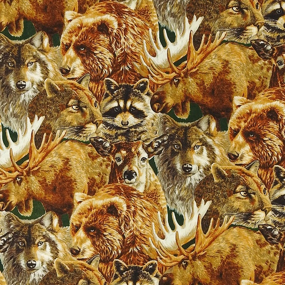 100 Cotton Fabric Wolf Bear Deer Puma Racoon North Etsy