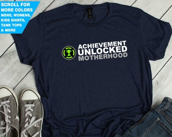 Achievement Unlocked Motherhood Shirt New baby Surprise Tee Announcement Pregnant New Mom Gift mama Mother Gift Idea Geek Video Games