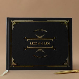 Real Foil Wedding Guest Book - Art Deco Guest Book, Art Deco Wedding, Black Guest Book, Black Gold Wedding, Gold Foil Wedding Guest Book