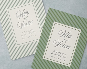 His and Her Custom Vow Books For Wedding Pinstriped Vow Journals Personalized Couple Gift Keepsake Stripes Green Gold Vows Book Set of Two