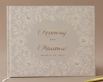 Floral Frame Wedding Guestbook Elegant Personalized Design Keepsake Memory Book Scrapbook Collection Reception Guest Registry Neutral Colors