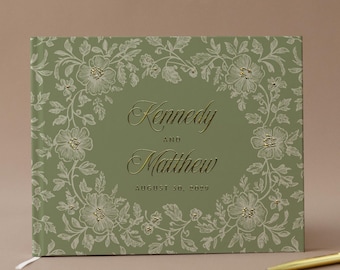 Floral Wedding Guest book Green Personalized GuestBook Hardcover Photo Album Modern Gold Foil Wedding Guestbook Elegant Olive Scrapbook