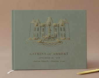 Wedding Guest Book Custom Venue Illustration Personalized Hardcover Guestbook Gold Foil Wedding Venue Drawing Keepsake
