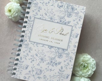 Personalized Wedding Planner Blue Toile Floral Hardcover Journal Bride Book Guide Engagement Gift Spiral Bound Organizer Checklist Budget