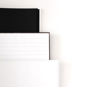 May include: A stack of three notebooks with a minimalist design. The top notebook is black, the middle one has lined pages, and the bottom one is white. The notebooks are arranged against a white background.