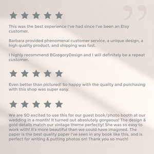 May include: Image of customer reviews with five-star ratings. Text includes positive feedback about customer service, product quality, and design. The reviews mention a guest book/photo booth for a wedding.