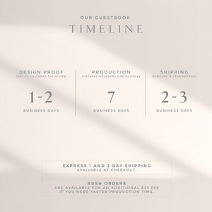 May include: A timeline graphic for a guestbook, with text in a light gray font. The graphic shows the design proof takes 1-2 business days, production takes 7 business days, and shipping takes 2-3 business days. Express shipping is available.