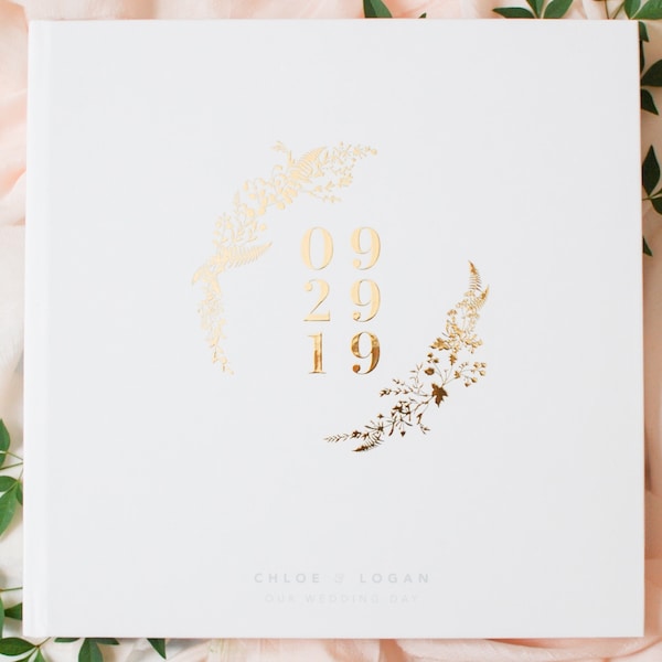 White and Gold Wedding Guest Book, Custom Guest Book, Personalized Guest Book, Gold Foil Wedding Guest Book, Custom Guest book, Greenery