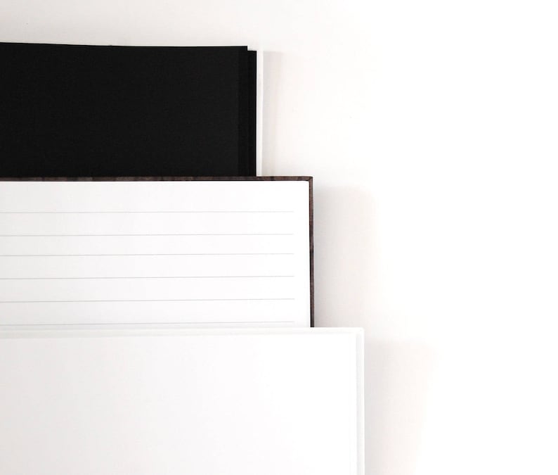 May include: A stack of three notebooks with white and black covers. The middle notebook has lined pages, while the bottom one has blank pages. The notebooks are arranged against a white background.