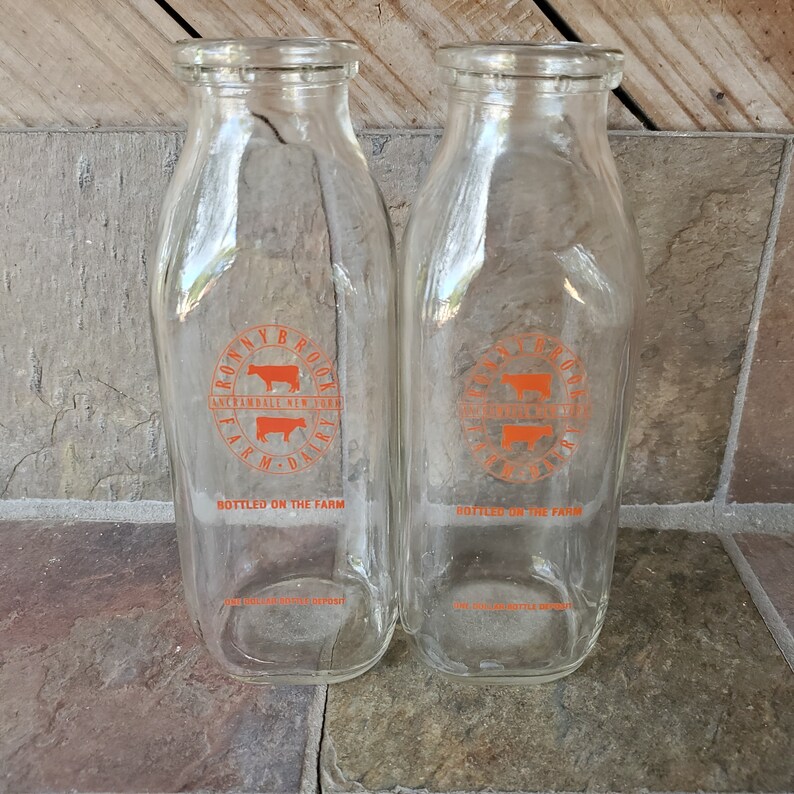 Glass Milk Bottles Set of 2 Ronnybrook Dairy Farm Etsy