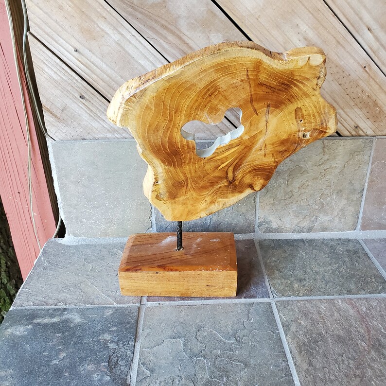 Cut Wood Section Mounted on Wood Base Vintage Wood Art
