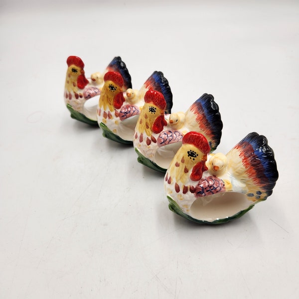 Chicken and  Chick Napkin Rings Fitz and Floyd Ricamo Vintage Ceramic Set of 4