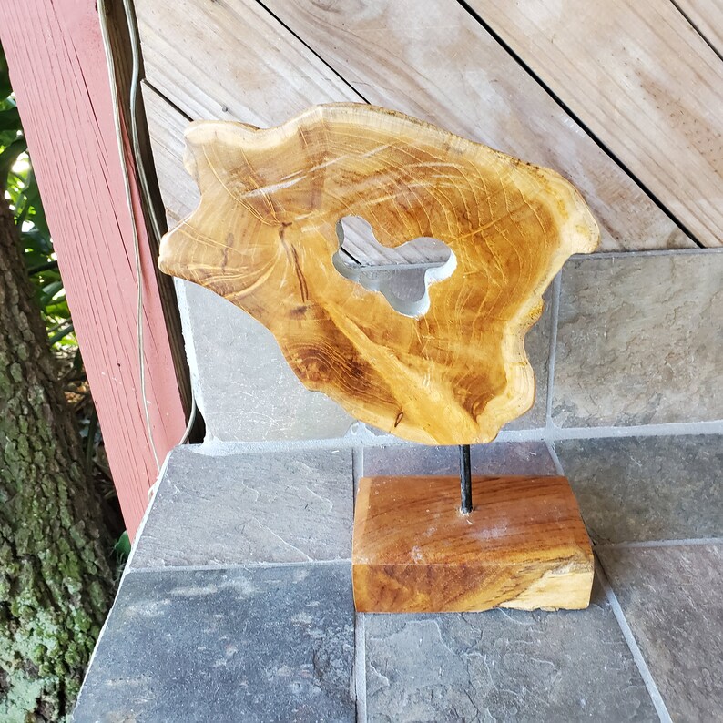 Cut Wood Section Mounted on Wood Base Vintage Wood Art