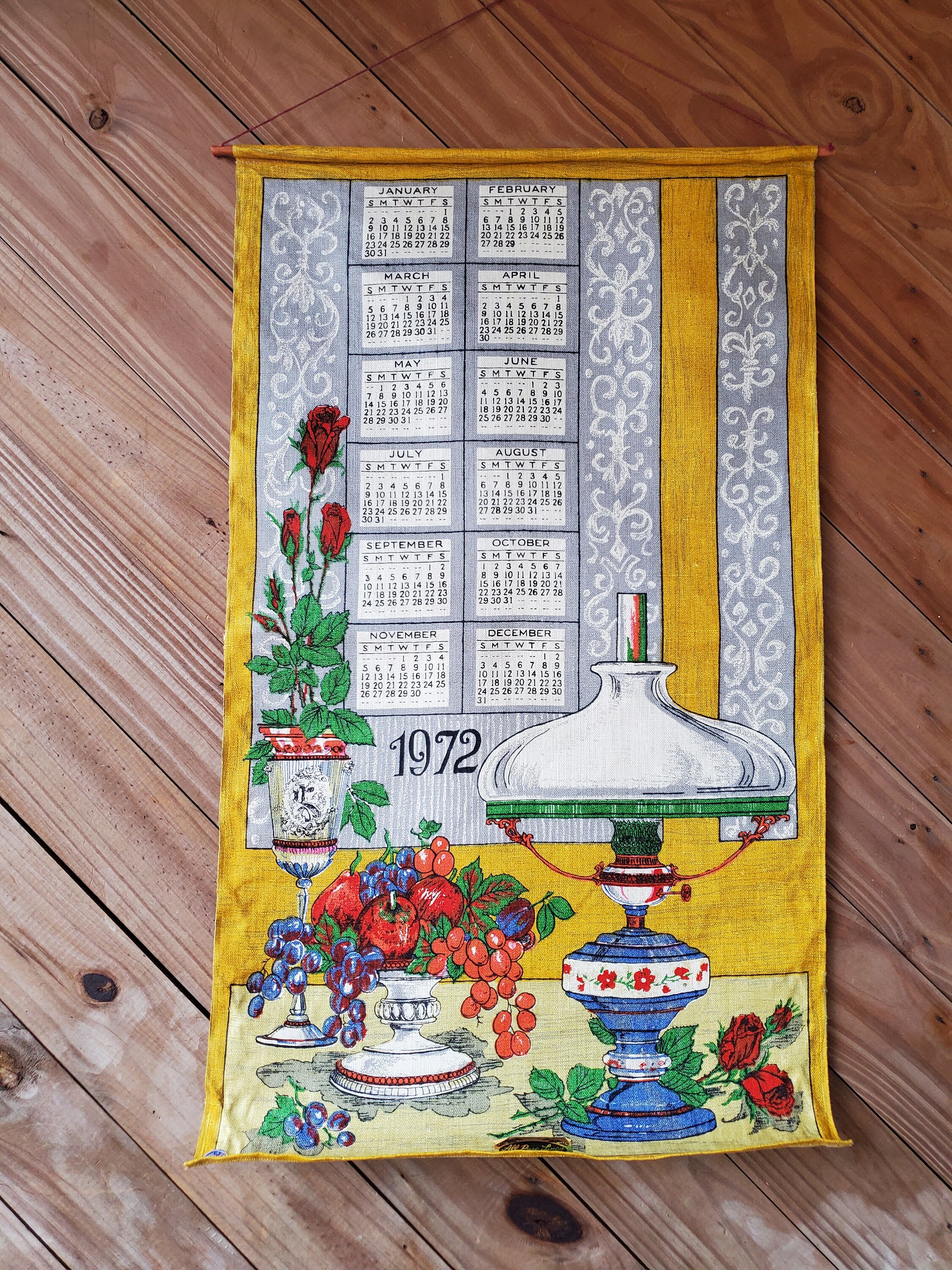Fabric Calendar 1972 Large Wall Hanging Calendar Oil Lamp Etsy