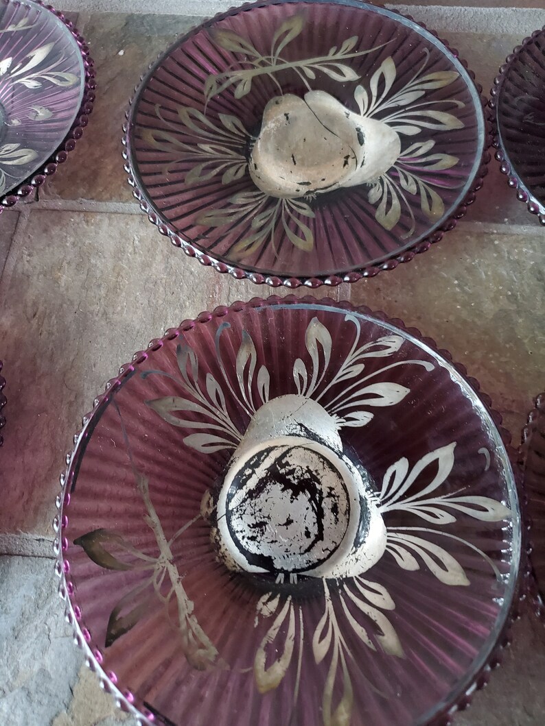 Amethyst Glass Dessert Plate Hand Painted Silver Pear Fruit Plate Vintage