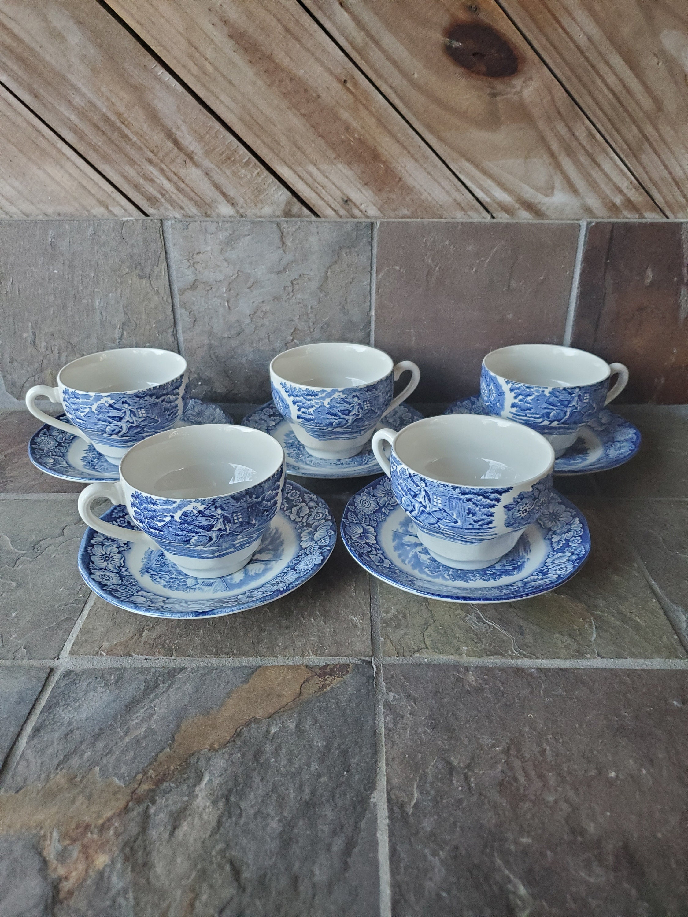 Liberty Blue Tea Cup And Saucers Historic Colonial Scenes Old Etsy