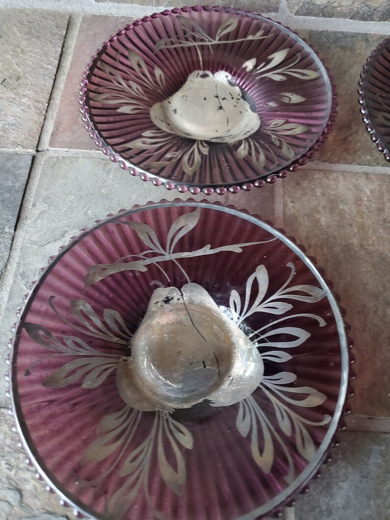 Amethyst Glass Dessert Plate Hand Painted Silver Pear Fruit Plate Vintage