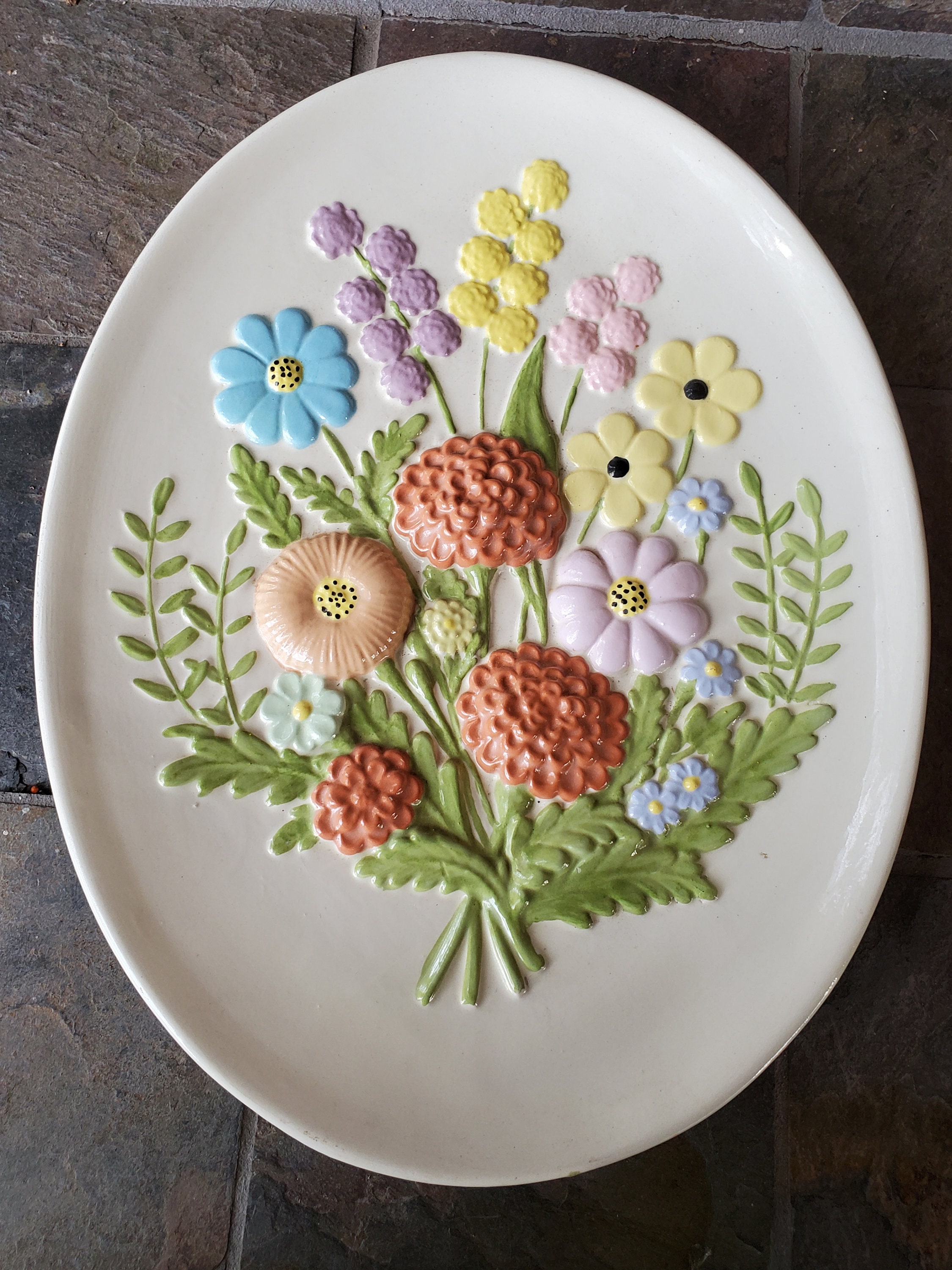 Wall Plaque With Hand Painted Flowers Vintage Ceramic Painted Etsy