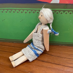 Vintage  Traditional Finland Wood Peg Doll in Blue Dress