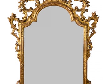 Espejo de pared antiguo italiano de madera dorada tallada a mano