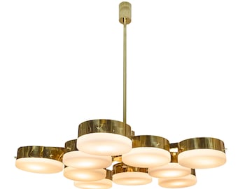 Italian Gio Ponti style brass and frosted glass chandelier