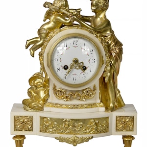 French 19th century Louis XVI gilded bronze and marble mantel clock
