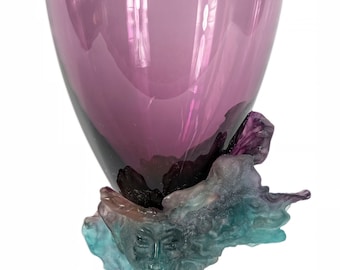 Jarrón-centro de mesa de amatista verde Bacchus de Daum francés, paté de verre