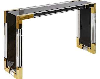 Vintage italian metal, varnished wood and plexi console table