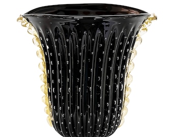 Jarrón italiano de cristal de Murano negro y dorado hecho a mano
