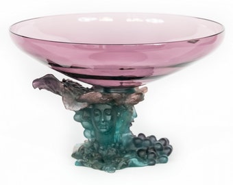 Jarrón-centro de mesa grande de amatista verde Daum Bacchus francés, paté de verre