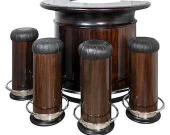 Barra de bar vintage Luciano Frigerio de nogal y mármol verde con 4 taburetes, década de 1970.