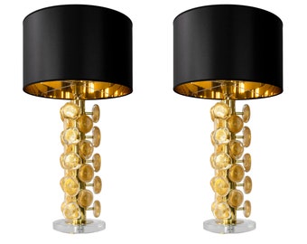 Pair of italian table lamps in brass and Murano glass