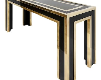 Consola italiana de mediados de siglo, de latón, madera y cristal, de 1970.