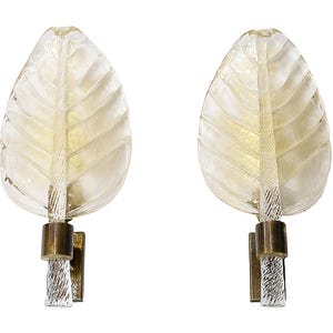 Pair of vintage italian Barovier Toso leaf form Murano glass wall light sconces