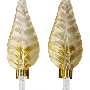 Pair of large vintage italian leaf form Murano glass / brass wall light sconces